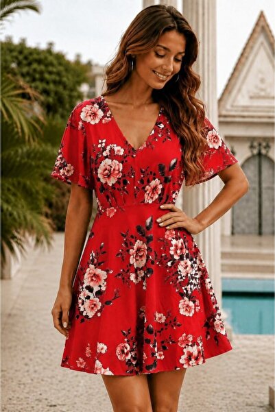 Generic Brand Women's Short Sleeve V-Neck Patterned Short Single Jersey Dress