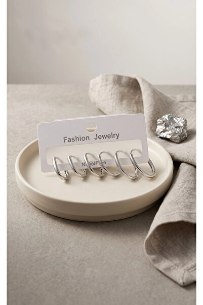 ARMÜZ Brass Silver Color Thin Oval Earrings Set