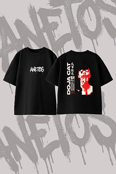 Anetos Doja Cat Design Printed Oversize Crew Neck T-Shirt Black