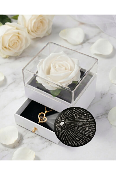 Gleemy accesories Beyaz Sonsuz Gül & 100 Dilde Seni Seviyorum Kalpli Kolye He...