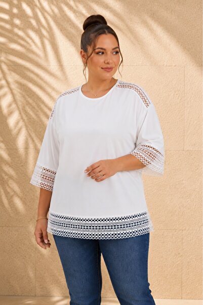 FOR ESRA BIG TREND Women's Plus Size Lace Detailed Low Sleeve Side Slit Stret...
