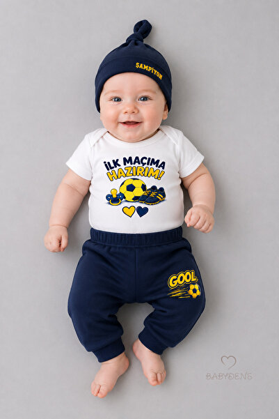 BABYDEN'S Bebek 3'lü Takım Sarı Lacivert Taraftar Temalı Kısa Kol %100 Pamuk ...
