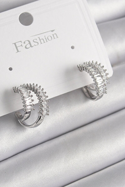 ARMÜZ Brass Silver Color 2 Piece Zircon Stone Hoop Model Women's Earrings