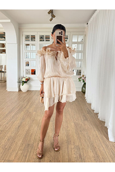 My Blog Stone Collar Detailed Skirt with Flounces Shiny Dress - 39901