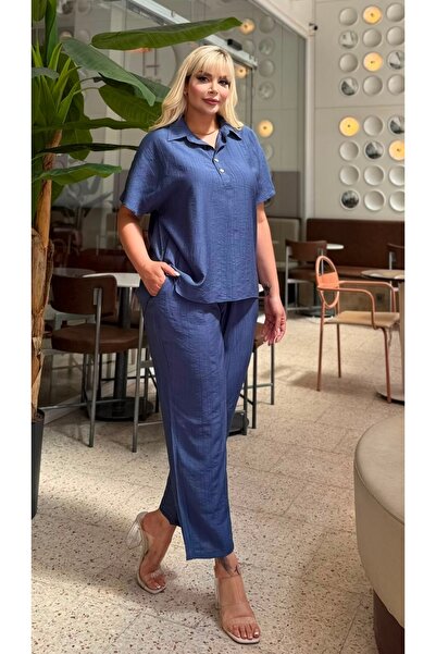 Butik Nilyam Γυναικείο Σετ Φόρμας Μεγάλου Μεγέθους με Γιακά, Κοντό Μανίκι, Χα...