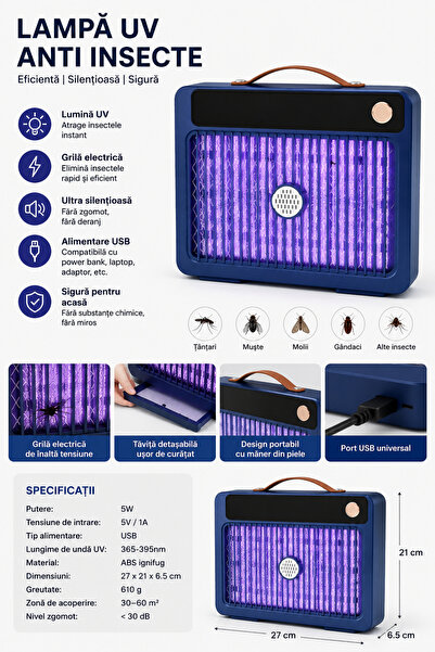 OEM Aparat Electric Anti Insecte 5W USB cu Lumină UV, Lampă Anti Țânțari și Muște, Funcționare Silențioasă, pentru Interior și Exterior