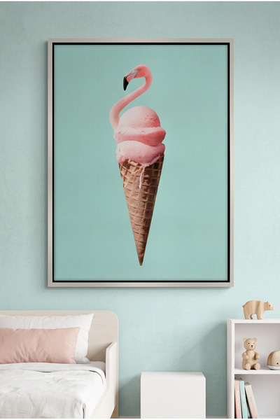 Jasmine Art Flamingo Ice Cream Cone Kids Wall Art | Portrait Framed Canvas Pr...