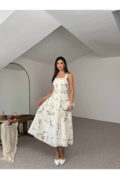 SelSay butik SIRT DEKOLTELİ ÇİÇEKLİ KETEN ELBİSE