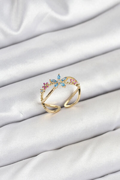 ARMÜZ Brass Gold Color Zircon Stone Blue Flower Women Ring
