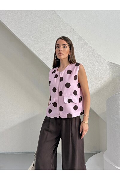 LB Laluna Butik Women's Polka Dot Zippered Linen Vest