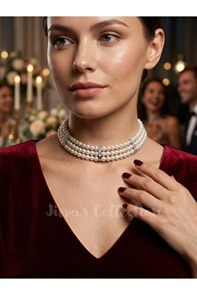 Jivva's Collection Classy-Modern Pearl Beads Choker Neck Necklace 3 Rows, Eve...