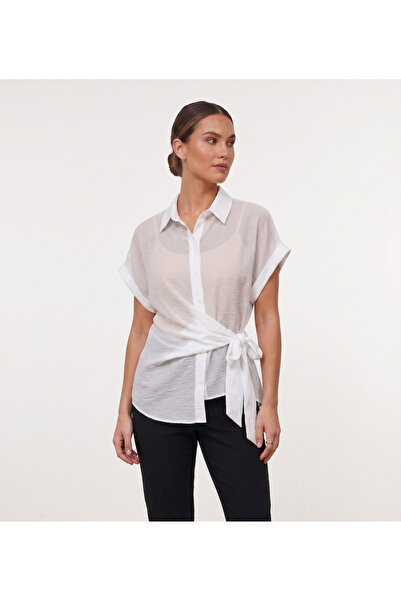 Neden Tekstil Women's Short Sleeve Tie-Up White Shirt