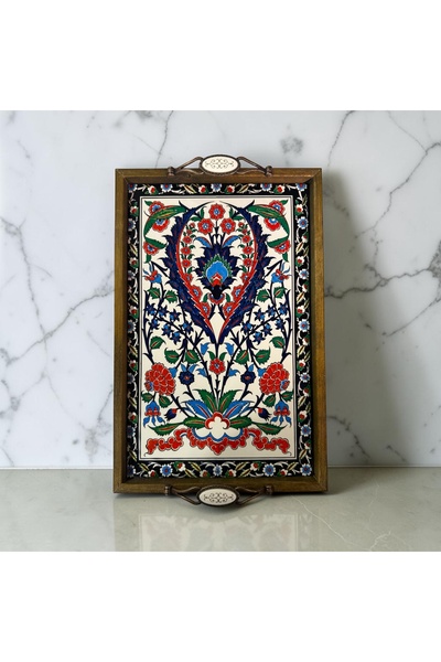 PorcelainAtelier El Yapımı Kütahya Çini Desenli Ahşap & Seramik Tepsi 42x28 c...