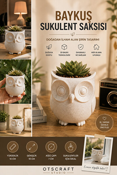 Otscraft Studio Baykuş Figürlü Sukulent Saksısı 3D Baskı Dekoratif Mini Saksı...