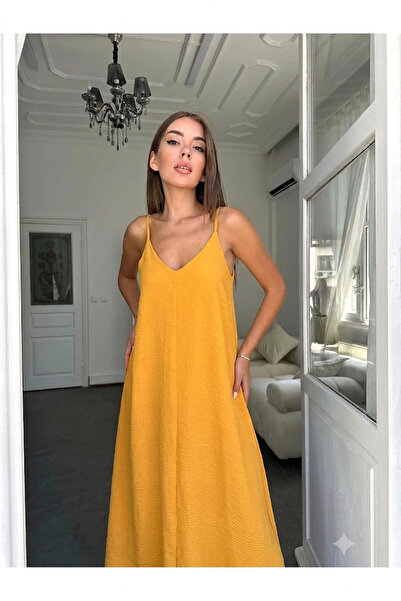 ORZUQLIFE Aerobin Fabric Adjustable Strap Long Mustard Dress