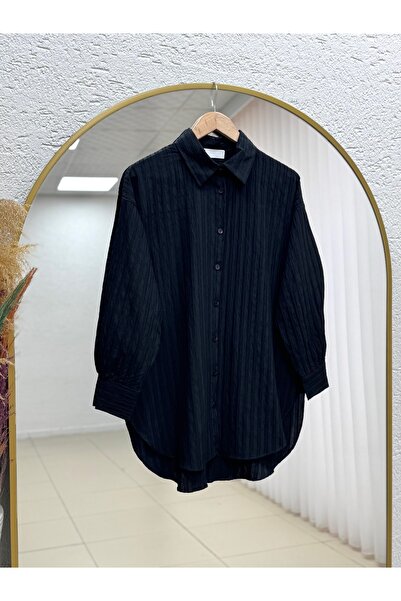 MİHRA STORE Çiğdem Striped Linen Blend Oversize Women's Shirt-Zn1174 Black