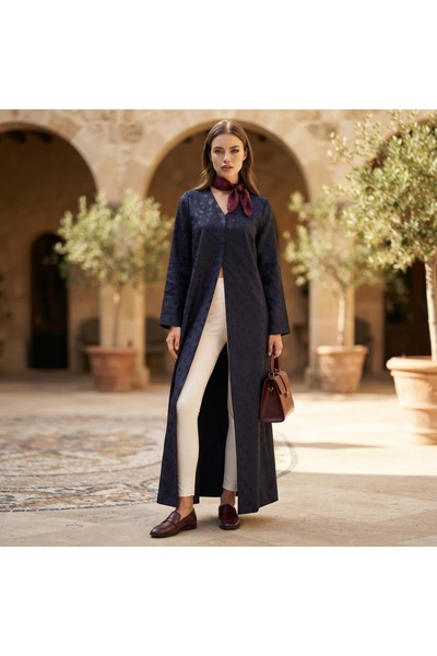 Generic Women's Navy Floral Jacquard V-Neck Floor-Length Abaya