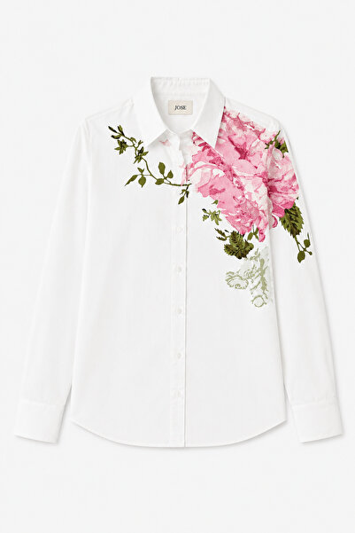 Jose Clothing White Hand-Painted Floral Pattern Oversize Long Sleeve Shirt