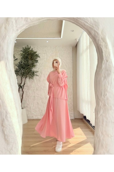 BELLASTORE Women's Pink Belted Detailed Skirt Suit
