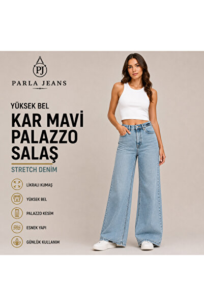 Parla Jeans Kadın Kar Mavi Palazzo Yüksek Bel Comfort Likralı Salaş Bol Paça ...