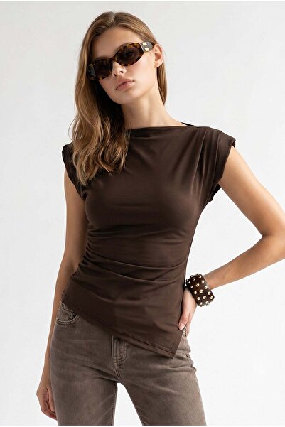 Mixray 2167 Women's Draped Padded Boat Neck Blouse Brown