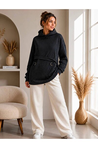 caddekombin Women's Special Design Belted Striped Hooded Sweatshirt