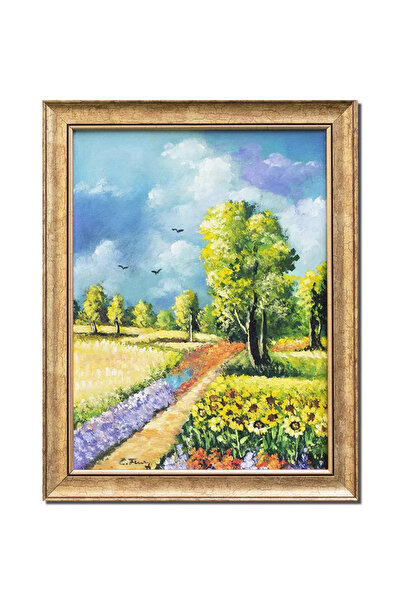 artnova Tablou pictat manual inramat, Peisaj din natura, zi frumoasa de vara,...