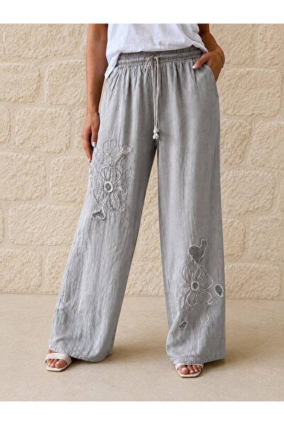 AGORATEKSTİL Women's Elastic Waist Cotton Linen Fabric Embossed Mesh Detailed...