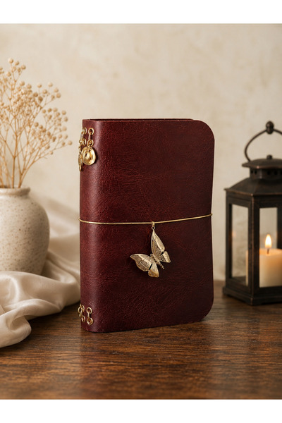 Neriya Kızıl Kahve Deri Organizer Defter – Kelebek Charm Detaylı A5 Journal