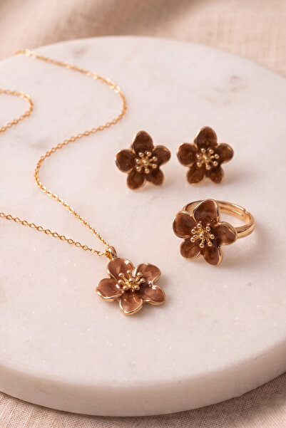 AURRARİ Brown Color Sakura Flower Necklace Earrings Ring Set in Gift Box