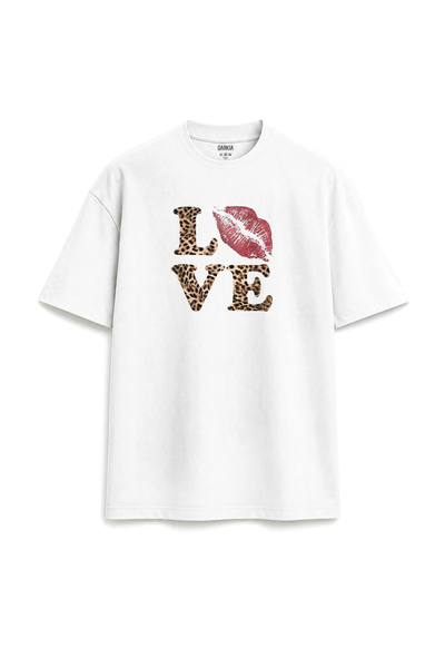 Darkia Leopard Patterned Love Kiss Design Printed Relaxed Fit Unisex White T-...