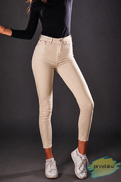 Proshine Dar Paça Yüksek Bel Kadın Jean Pantolon – Skinny Kalıp - Slim Fit, Bej