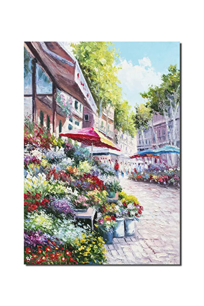 artnova Ръчно рисувана картина на градски пейзаж, Алея с цветя, 100x70см масл...
