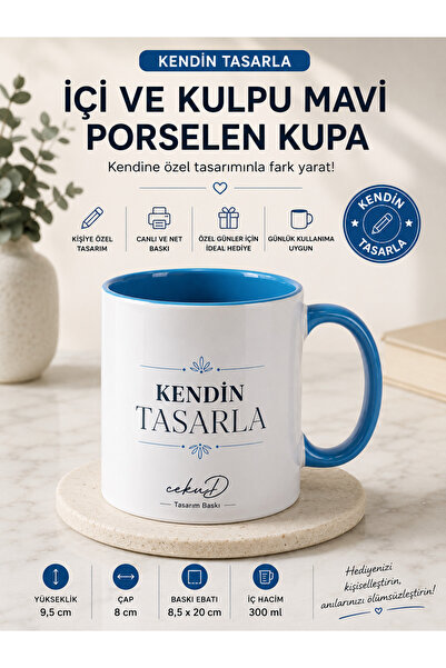 cekud tasarım baskı Kendin Tasarla İçi ve Kulpu Mavi Porselen Kupa Bardak – K...