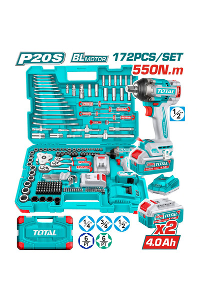 TOTAL 20V 550N.M Battery Impact Wrench with 172 Pcs Set of Nuts