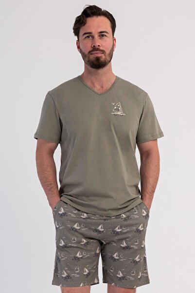 VİENETTA Erkek Kısa Kollu V Yaka Haki Şortlu Pijama Takımı C1T7N0106