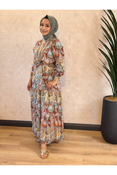 Aişe modaa 3744 Patterned Buttoned Front Dress Tile