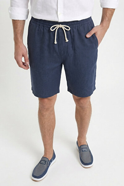 Sizce Men's Navy Blue Muslin Linen Shorts 100% Cotton Full-Fit with Back Pockets