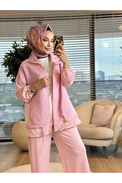 ALANURMODA 22850 Ön Üçgen Parçalı Fermuarlı Takım Pembe
