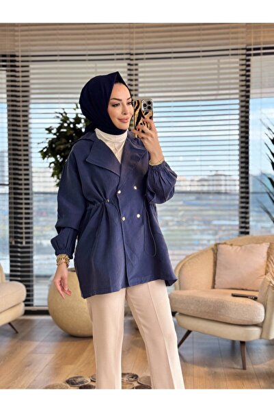 ALANURMODA 3225 Tie-Waist Four-Button Jacket Navy Blue