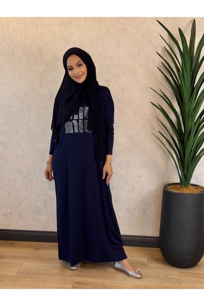 ALANURMODA 24234-1 Combed Cotton Dress with Stone Lettering Printed on the Fr...