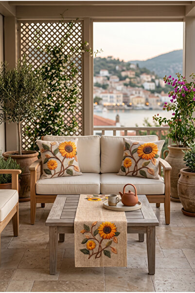 Softifyhome Ayçiçeği Desenli Runner ve 2’li Kırlent Kılıfı Seti | Çift Tarafl...