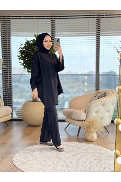 ALANURMODA 2868 بدلة بتفاصيل ياقة شال باللون الأسود