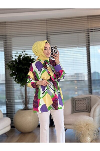 2K 23071 Patterned Collar Lace-Up Tunic Green