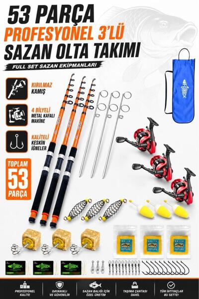 Fishack Profesyonel 3’lü Sazan Olta Takımı - 3.30MT- Kırılmaz Kamış Metal Kaf...