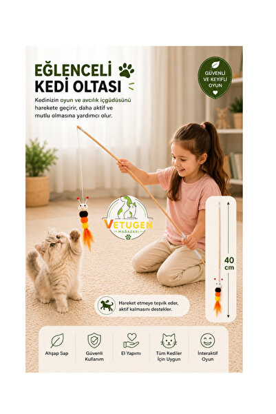 demapet 40 cm Wooden Handle, Cute Caterpillar Cat Fishing Rod with Bell