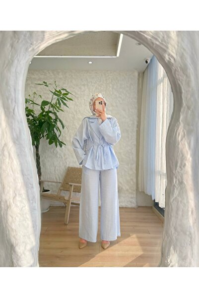 BELLASTORE Women's Ice Blue Belted Jacket and Trousers Two-Piece Set