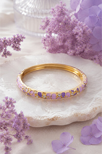 Sylvera Shop Leaf Wrapped Stone Purple Enamel Thin Cuff Bracelet (Gold Color)