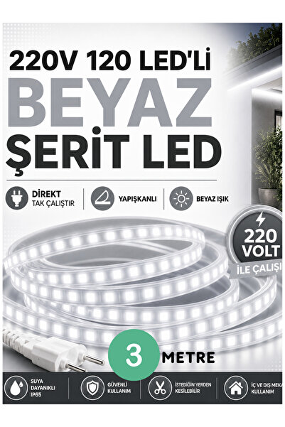 KONDEL 3 Metre 220V 120 LED’li BEYAZ Şerit LED Yapışkanlı Direkt Tak Çalıştır...