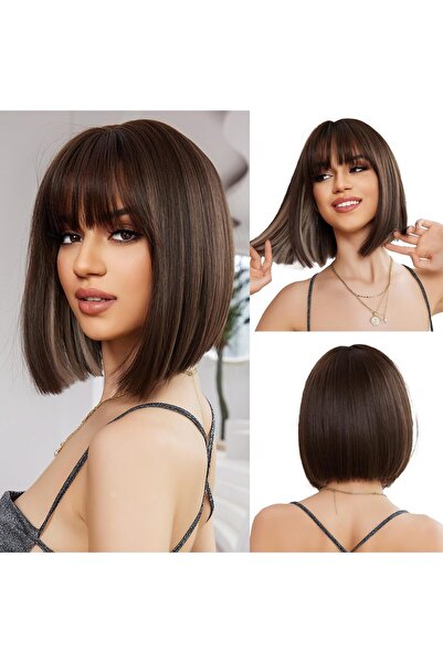 OUFEI Brown wig, bob, short and straight, for women, synthetic hair, 33cm